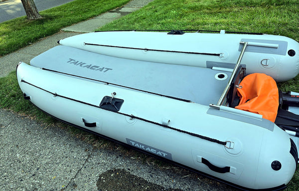 2021 Takacat T340LX demo inflatable catamaran boat side view