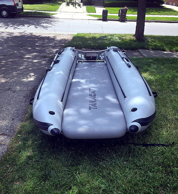 2021 Takacat T380LX demo inflatable catamaran boat front view