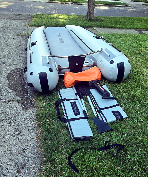 2021 Takacat T340LX demo inflatable catamaran boat rear view with accessories
