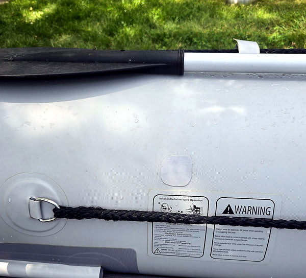 Patch repair detail on the 2021 Takacat T380LX demo inflatable catamaran boat